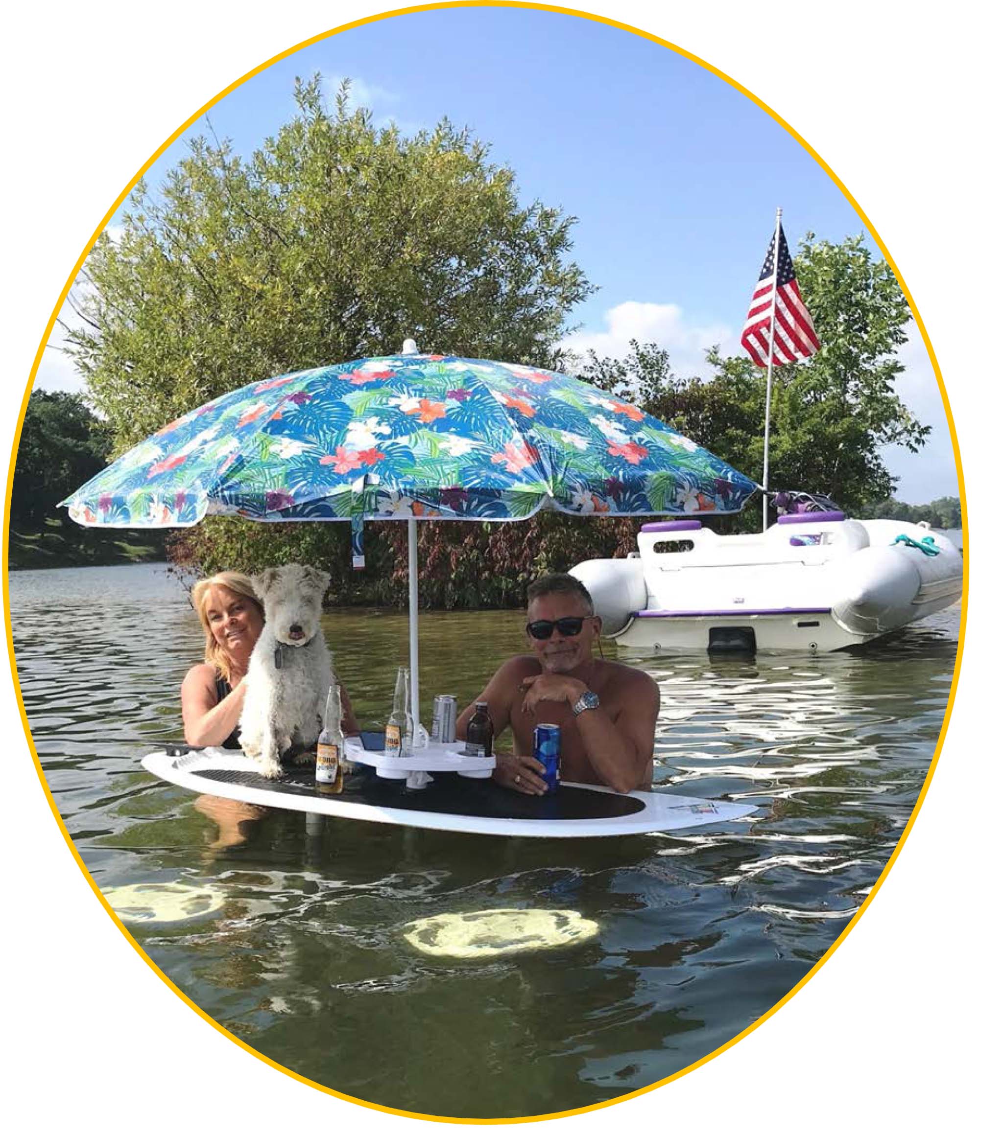 seim-up bar set up in water on beach with cocktails and boat on shore 